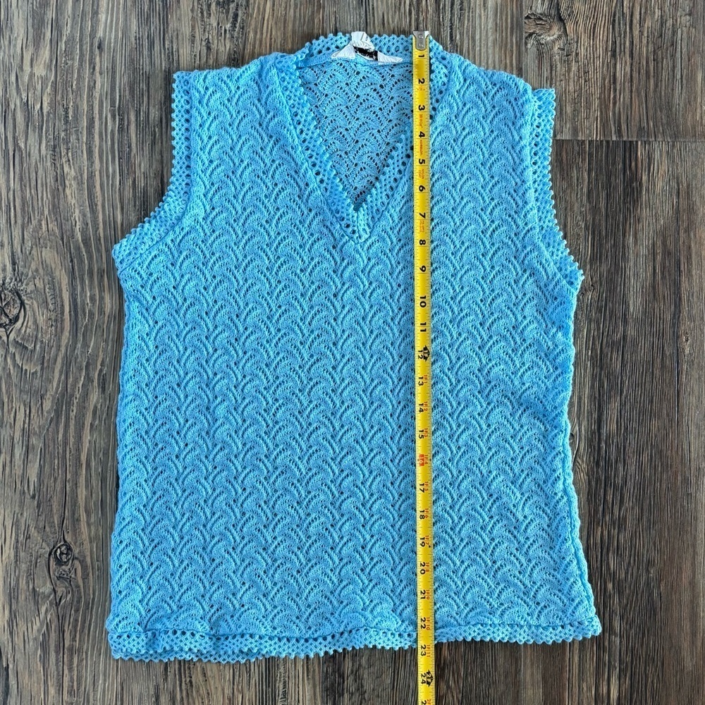 Sheer Crochet Knit Sleeveless V-Neck Shirt Tank Top Womens Lg Acrylic Baby Blue - Picture 3 of 8